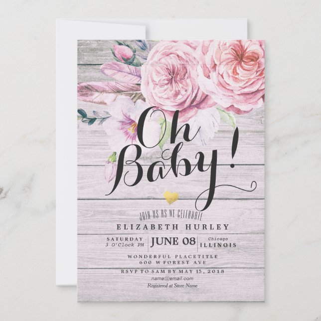 Invitation Baby shower Elégant aquarelle Floral Bois rustique (Devant)