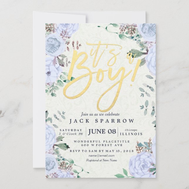 Invitation Baby shower Elegant Aquarelle Floral Gold Script (Devant)
