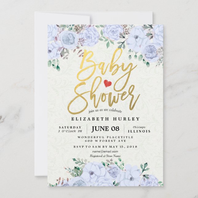 Invitation Baby shower Elegant Aquarelle Floral Gold Script (Devant)