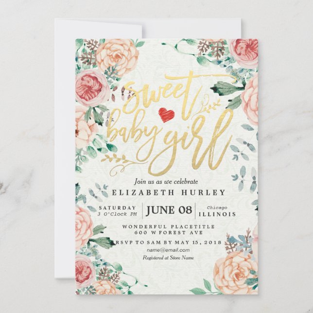 Invitation Baby shower Elegant Aquarelle Floral Gold Script (Devant)