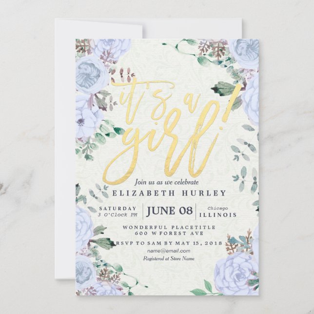 Invitation Baby shower Elegant Aquarelle Floral Gold Script (Devant)