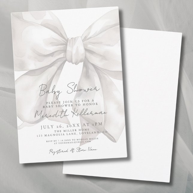 Invitation Baby Shower Élégant Aquarelle Ruban Blanc (Elegant Watercolor White Bow Baby Shower Invitation)
