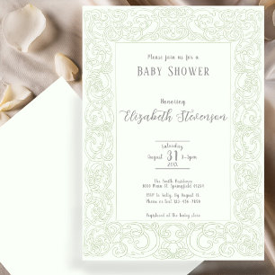 Invitation Baby-Shower Élégant avec Motifs à l'Estampe Vert S