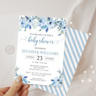Invitation Baby shower élégant bleu aquarelle floral pour gar