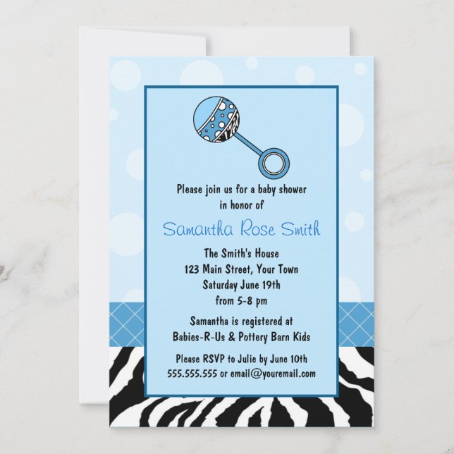 Invitation Baby shower Elégant Bleu et Zèbre (Devant)