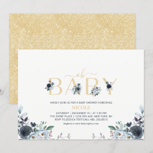 Invitation Baby Shower Élégant Bleu Nuit & Or Bohème Floral