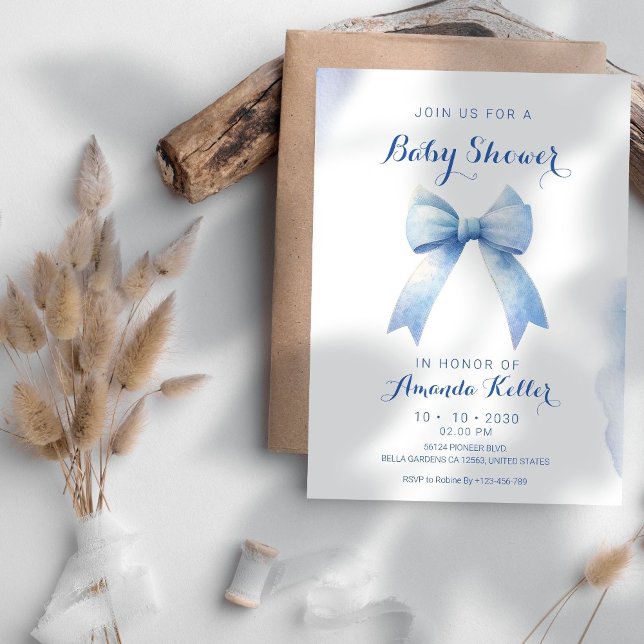 Invitation Baby shower Elegant Blue Bow (Créateur téléchargé)