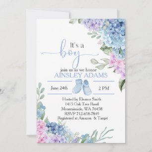 Invitation Baby shower élégant Blue Hydrangea