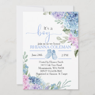Invitation Baby shower élégant Blue Hydrangea