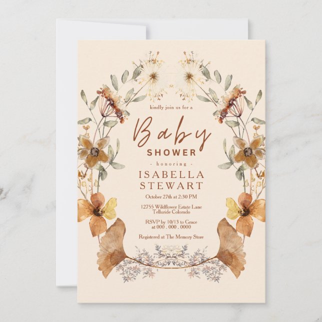Invitation Baby shower élégant Boho Fleur sauvage moderne (Devant)