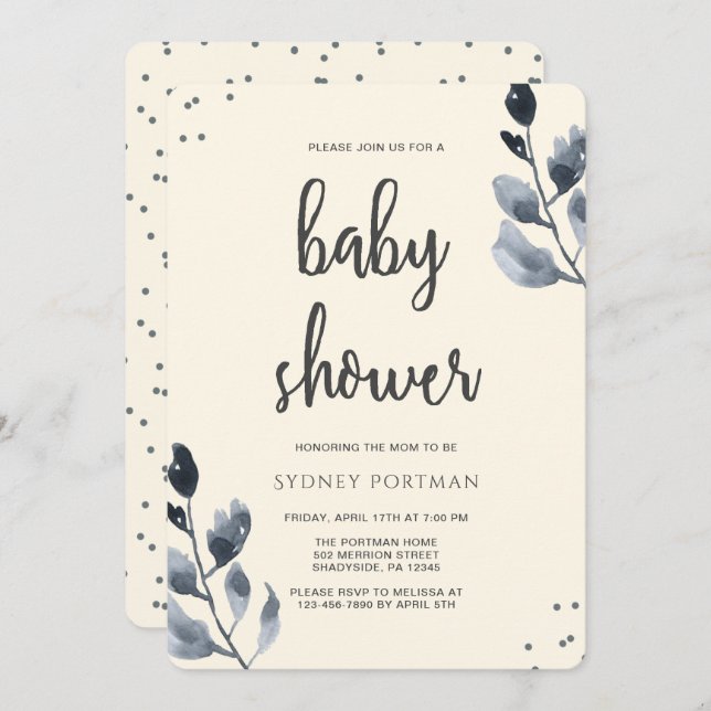 Invitation Baby shower Elegant Botanique avec Confetti (Devant / Derrière)