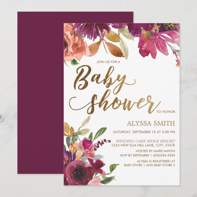 Invitation Baby Shower élégant Burgundy or Floral Script (Devant / Derrière)