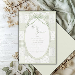 Invitation Baby Shower Élégant Cadre Vert avec un Nœud
