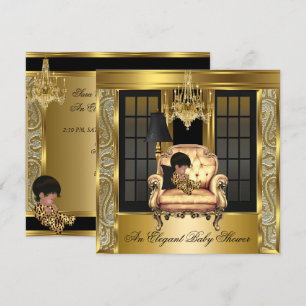 Invitation Baby Shower Élégant Chandelle Damassé Chaise Or 3