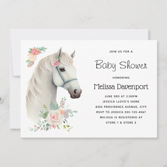 Invitation Baby shower élégant Cheval blanc Bohème Floral (Devant)