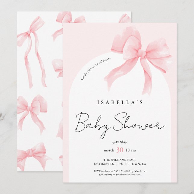Invitation Baby Shower Élégant Chic Rose Ruban (Devant / Derrière)