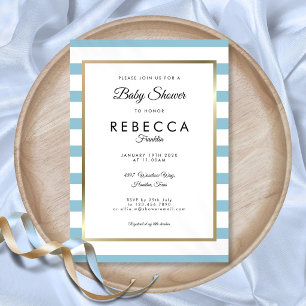 Invitation Baby-Shower Élégant Classique Bébé Bleu Rayé