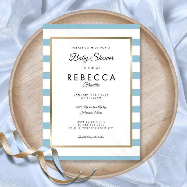 Invitation Baby-Shower Élégant Classique Bébé Bleu Rayé (Classic Elegant Baby Blue Stripe Baby Shower Invitation)