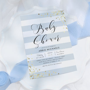 Invitation Baby shower Elégant Confetti Or & Bleu Stripes