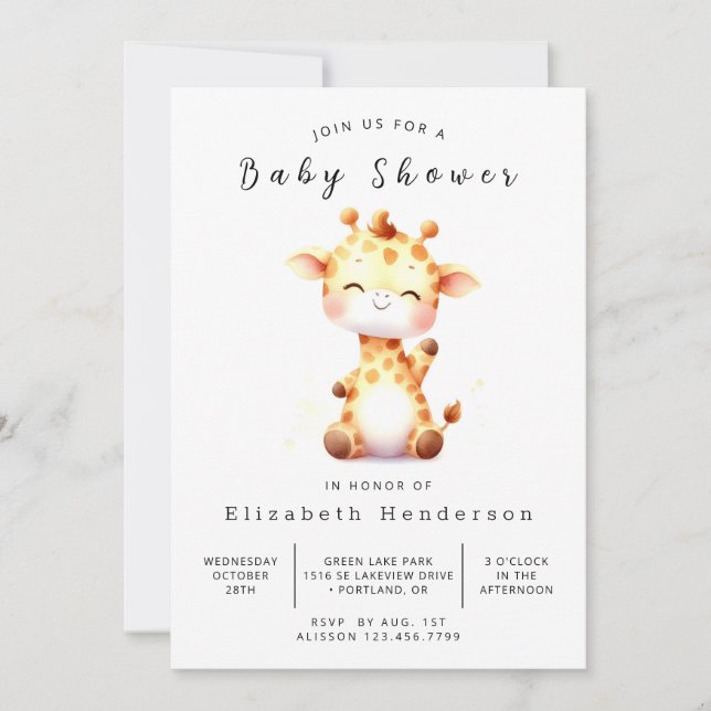 Invitation Baby shower élégant de girafe à imprimer (Devant)
