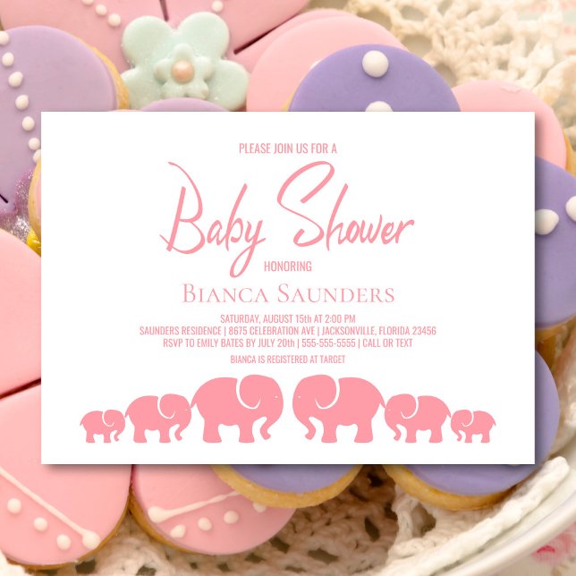 Invitation Baby shower élégant des éléphants roses (Créateur téléchargé)