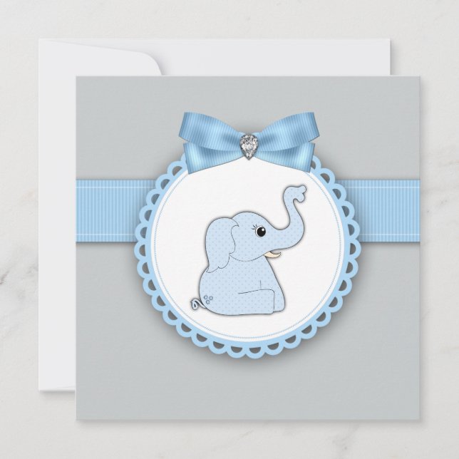 Invitation Baby-Shower Élégant Éléphant Bleu (Devant)