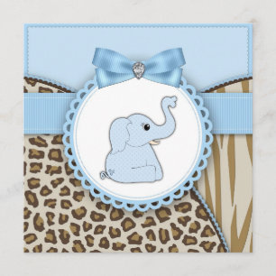 Invitation Baby Shower Élégant Éléphant Brun et Bleu