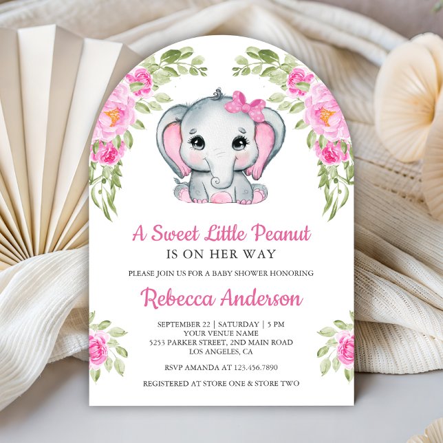 Invitation Baby Shower Élégant Éléphant Floral Rose Mignon (Créateur téléchargé)