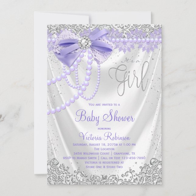 Invitation Baby Shower Élégant Fille Diamant Perle Violet (Devant)