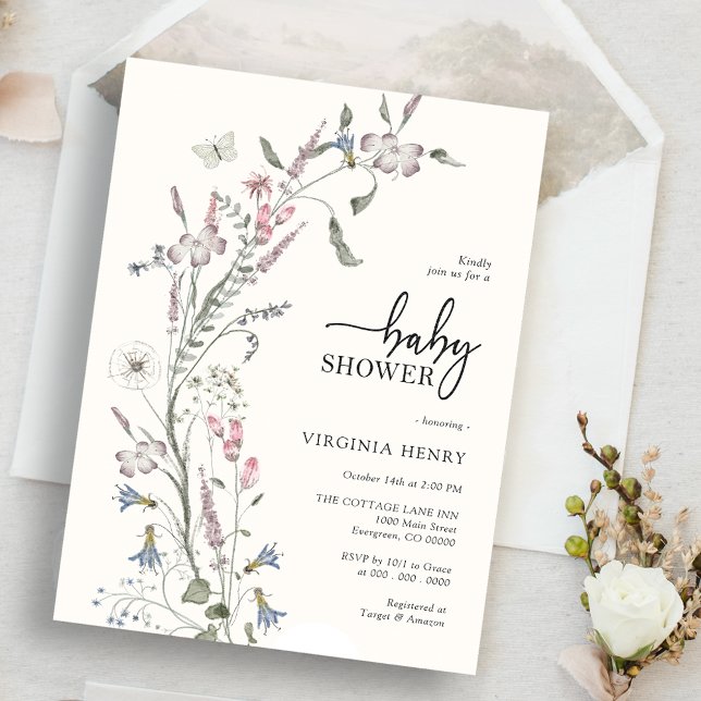 Invitation Baby Shower Élégant Fleur Sauvage (Créateur téléchargé)
