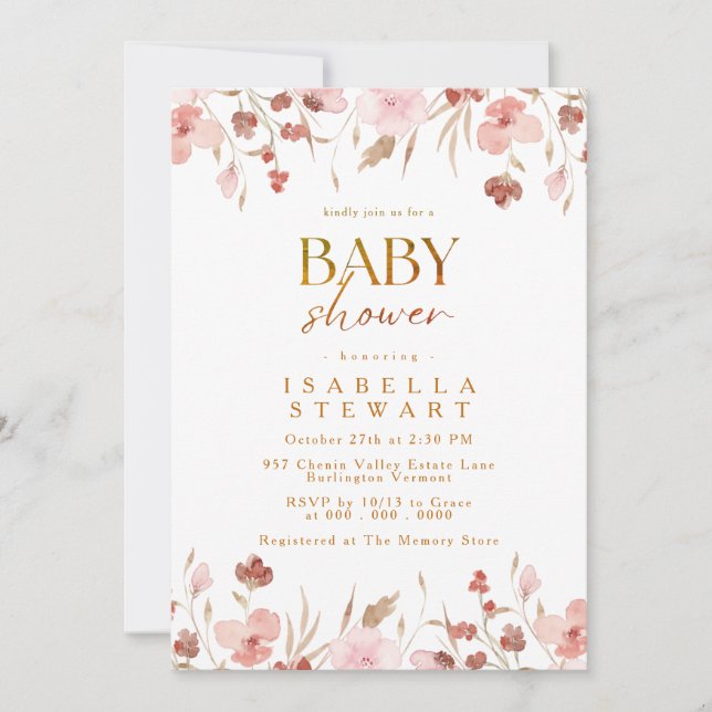 Invitation Baby shower élégant Fleur sauvage rose vif moderne (Devant)
