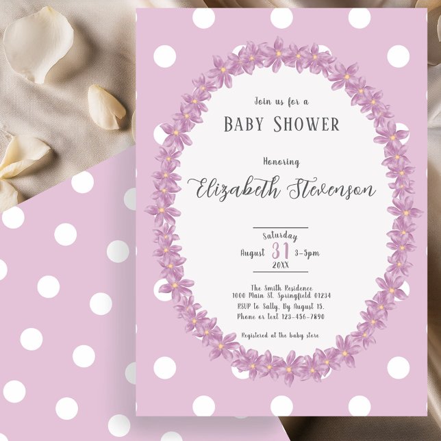 Invitation Baby Shower Élégant Fleurs à Points noirs Violet (Créateur téléchargé)