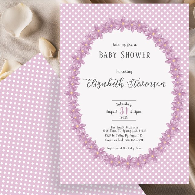Invitation Baby Shower Élégant Fleurs à Points Violets (Créateur téléchargé)