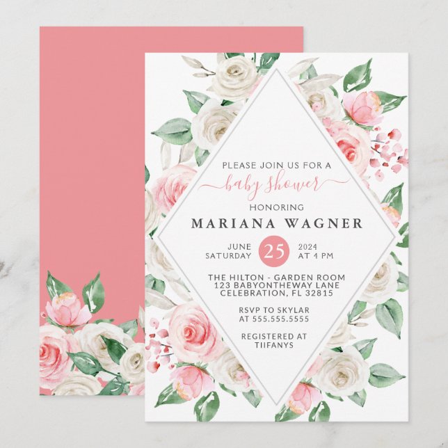 Invitation Baby Shower Élégant Fleurs de Pêcher (Devant / Derrière)