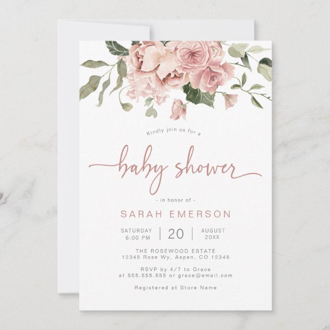 Invitation Baby Shower Élégant Fleurs Roses (Devant)