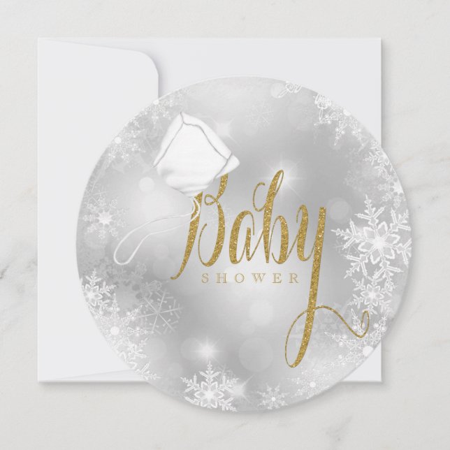 Invitation Baby Shower Élégant Flocon de Neige Blanc et Or (Devant)