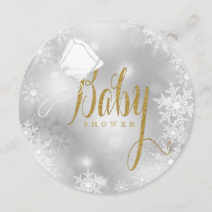 Invitation Baby Shower Élégant Flocon de Neige Blanc et Or