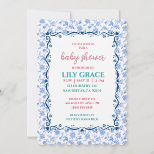 Invitation Baby-Shower Élégant Floral Ruban Bleu Shabby Chic 
