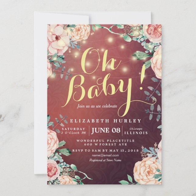 Invitation Baby shower Élégant Floral String Lumières Bourgog (Devant)