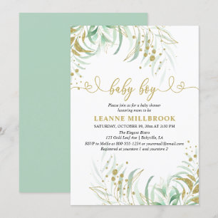 Invitation Baby-Shower élégant garçon avec feuillage vert et