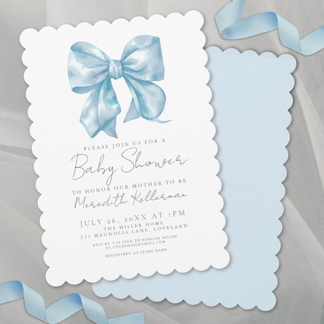 Invitation Baby Shower Élégant Garçon Coquette Bleu Arc-en-ci (Blue Bow Elegant Coquette Boy Baby Shower Invitation)
