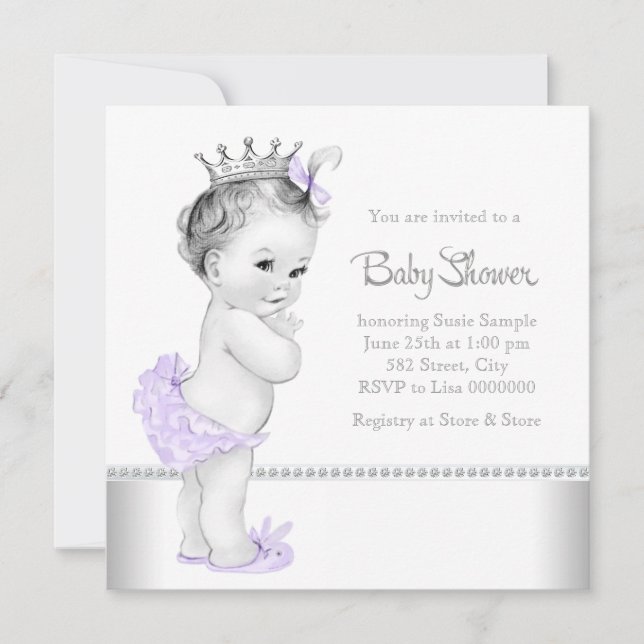 Invitation Baby-Shower élégant lavande et argent (Devant)