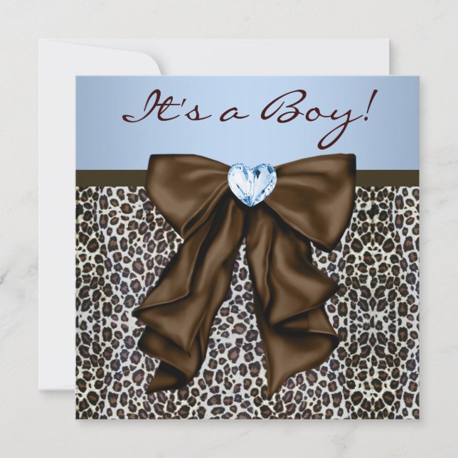 Invitation Baby Shower élégant marron et bleu léopard (Devant)