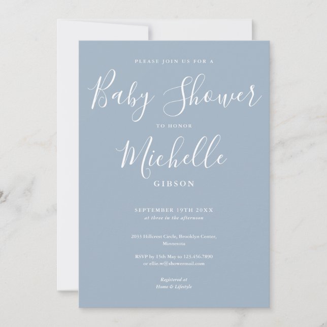 Invitation Baby Shower Élégant Moderne Garçon Bleu Poussiéreu (Devant)