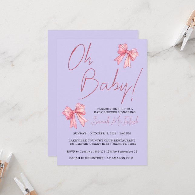 Invitation Baby shower Elegant Pink Bow (Devant/Arrière en situation)