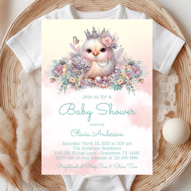Invitation Baby shower élégant pour bébé fille poussin (Pastel fancy chick with pearls, flowers and butterflies on a pretty pastel background.)