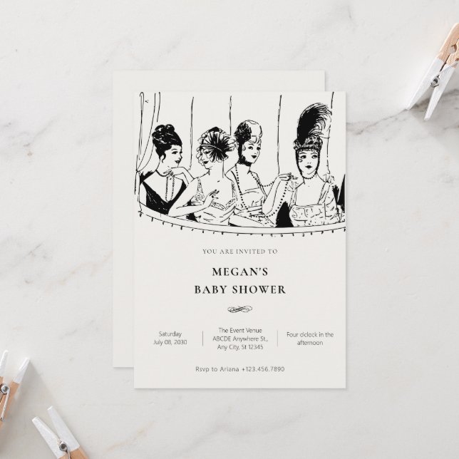 Invitation baby shower élégant pour dames vintage (Devant/Arrière en situation)