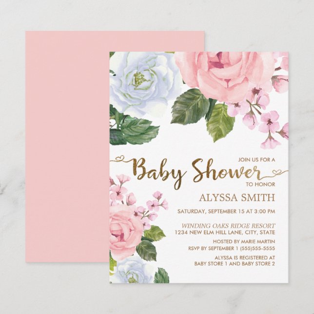 Invitation Baby Shower élégant rose blanc floral roses script (Devant / Derrière)