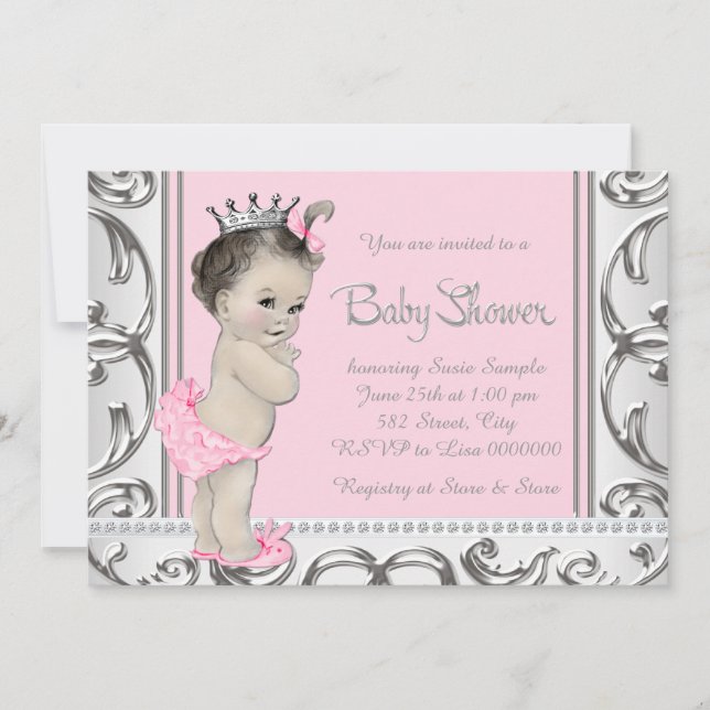 Invitation Baby-Shower élégant rose et argent (Devant)