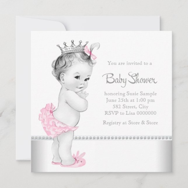 Invitation Baby-Shower élégant rose et argent (Devant)